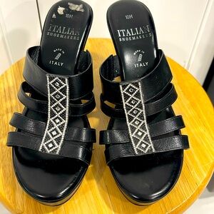ITALIAN SHOEMAKERS BLING WEDGE EMBELLISHED JEWELS OPEN-TOE 10M BLACK SANDAL